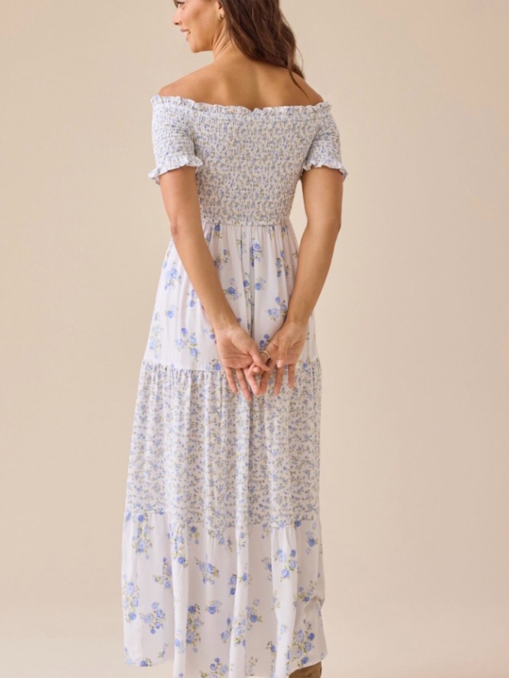 Altar'd State Off-Shoulder White Dress with Blue Floral Print - Picture 2 of 2